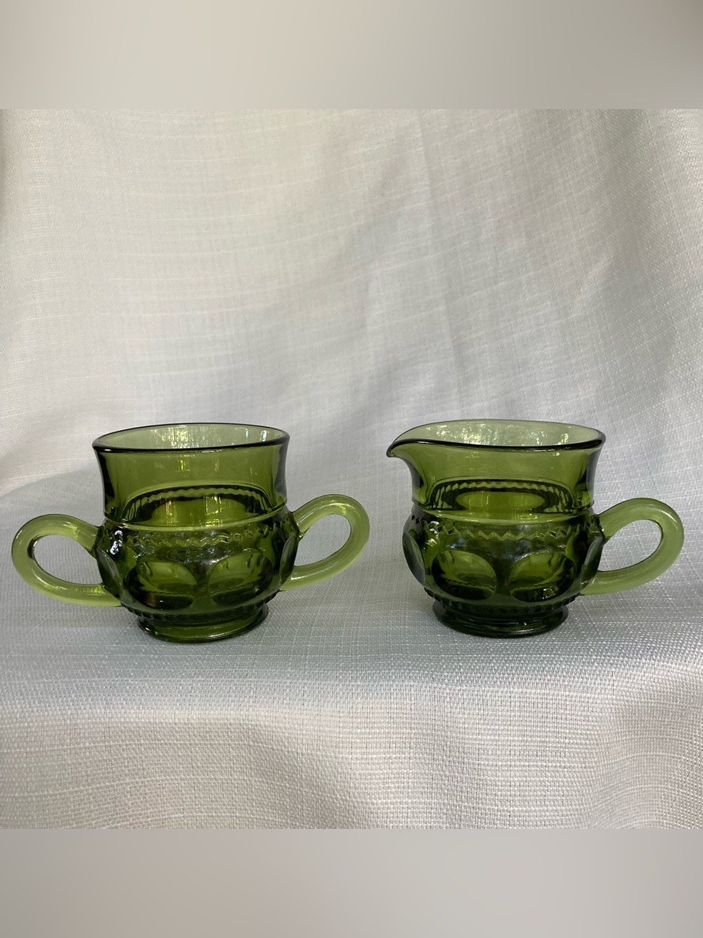 Vintage Indiana Glass King's Crown Olive Green Creamer and Sugar Cup!
